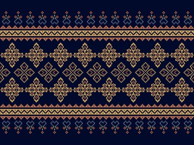 Çapraz dikiş. Geometrik etnik kalıplar. Giysi, Kumaş, Batik, Saree, Patola, Sari, Dupatta, Vyshyvanka, Rushnyk, Dupatta, Örgü, Nakış, Ikkat, Pixel desenli. Geleneksel Tasarım.