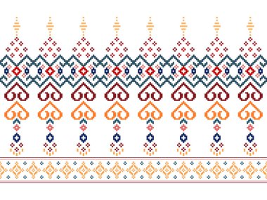 Çapraz dikiş. Geometrik etnik kalıplar. Giysi, Kumaş, Batik, Saree, Patola, Sari, Dupatta, Vyshyvanka, Rushnyk, Dupatta, Örgü, Nakış, Ikkat, Pixel desenli. Geleneksel Tasarım.