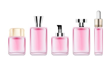 Lüks kozmetik ürünleri seti, pembe ambalaj gerçekçi ve beyaz arka planda izole edilmiş alan. Vektör illüstrasyonu EPS 10.