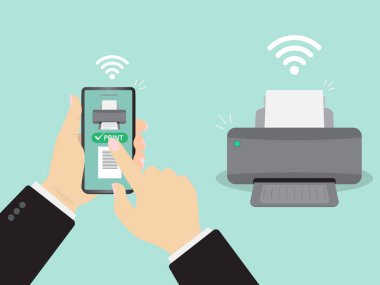 Adamın elleri akıllı telefonu tutuyor ve bir belgeyi kablosuz yazıcıya yazdırıyor..