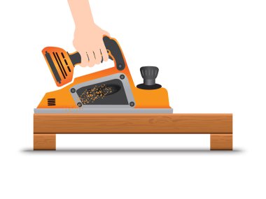 Beyaz arkaplanda elektrikli planör çizimi tutan eller. İnşaat ve inşa kavramı..