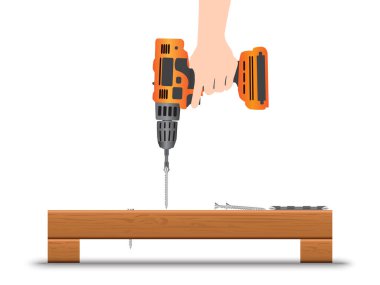 Beyaz arka planda elektrikli tornavida çizimi tutan eller. İnşaat ve inşaat kavramı.