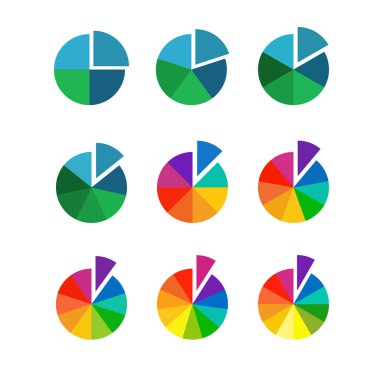 Bölünmüş bölümleri farklı renklerde olan pasta grafiği. Turta grafiği 4,5,6,7,8,8,9,10,11,12 kesit ya da beyaz arkaplandaki bölümler şeklinde. Verileri analiz etmek için kullanılır.