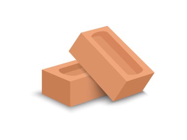 Kırmızı taş kare tuğla, yapı malzemesi, karikatür 3 boyutlu vektör çizimi beyaz arkaplanda izole edilmiş.