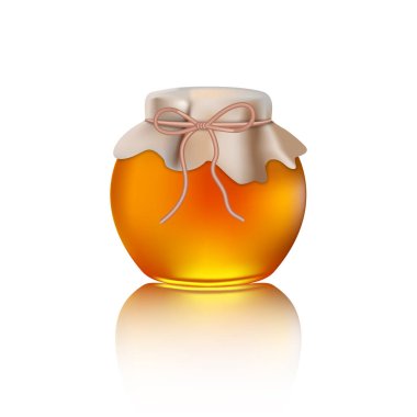 Beyaz arka planda izole edilmiş bal kavanozu gerçekçi. Ağ reklamları için cam bir tencerede parlayan sarı bal vesaire..