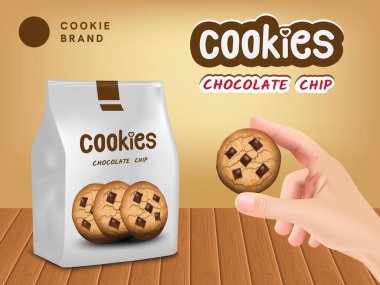 Sarı arka planda çikolatalı kurabiyeler için gerçekçi tasarım paketleme şablonu. El ele tutuşan kurabiye. Reklam, web afişi ve benzeri şeyler için 3D kurabiye paketi. Vektör illüstrasyonu EPS 10.