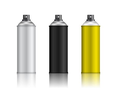 Beyaz arka planda izole edilmiş boş alüminyum sprey seti, Aerosol sprey kutusu, metal şişe. Vektör illüstrasyonu EPS 10.