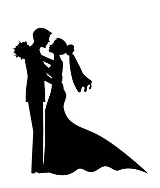 Beyaz arka planda gelin ve damat siluetleri. Kart, web pankartı vesaire için sembol düğünü. Vektör illüstrasyonu EPS 10.