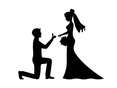 Beyaz arka planda gelin ve damat siluetleri. Kart, web pankartı vesaire için sembol düğünü. Vektör illüstrasyonu EPS 10.