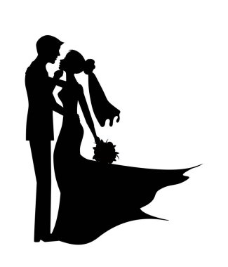 Beyaz arka planda gelin ve damat siluetleri. Kart, web pankartı vesaire için sembol düğünü. Vektör illüstrasyonu EPS 10.