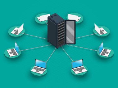 Computer Network diagram. Cloud computing big data. Server Rack. clipart