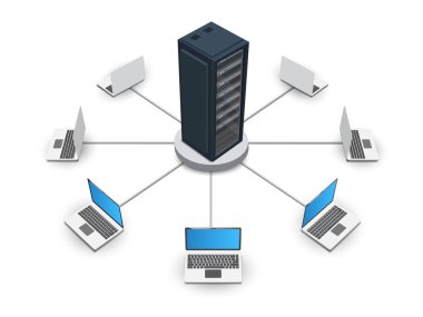 Sunucuya bağlı dizüstü bilgisayar ağı kavramı.
