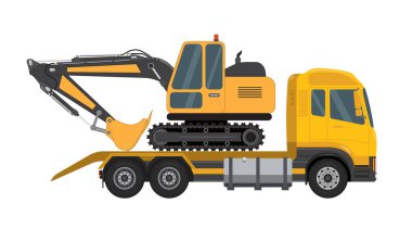 Nakliye kamyonunda ağır sarı kazıcı.