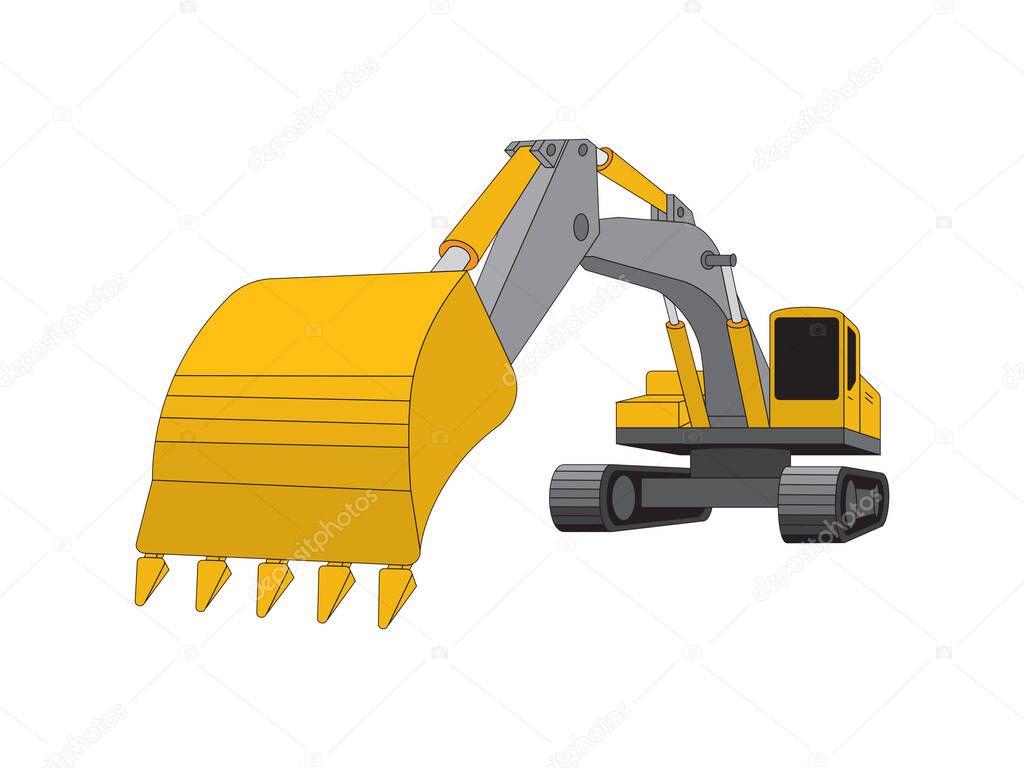 Excavator Crane on white background. Heavy Construction Digger. Symbol earthmoving Machine style cartoon. Vector illustration EPS 10.