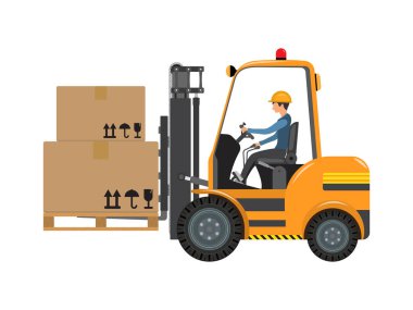 Sembol forklift kamyonları tarzı karikatür, lojistik şirketi için profil kenarı ticari forklift seti. Sarı forklift yüklenicisi beyaz arkaplandaki sürücünün kontrolü altında posta paketleriyle.