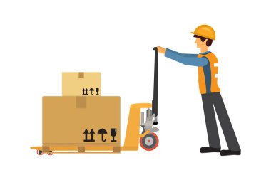 İşçilerden biri beyaz arka planda el paleti kamyonunun yanında ağır kutular taşıyor. Vektör illüstrasyonu EPS 10.