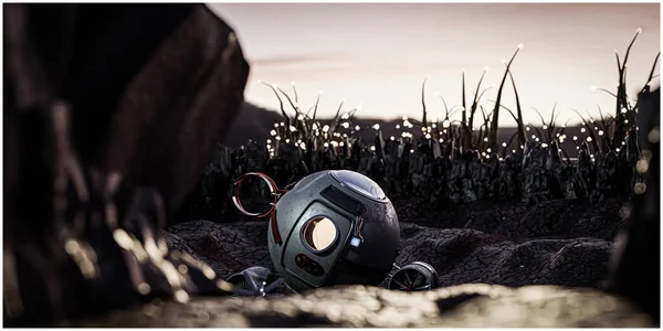 太空胶囊卡在一个荒凉的行星上3D插图 — 图库照片