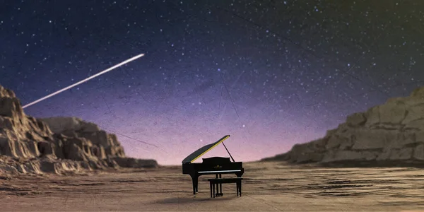 砂漠の峡谷の3Dイラストの黒いグランドピアノ — ストック写真