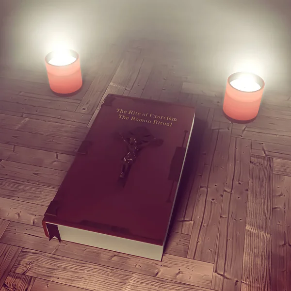 Kniha Exorcismu Dřevěné Podlaze Ilustrace — Stock fotografie