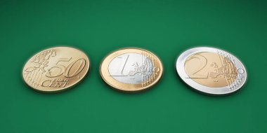 Yeşil arkaplanda izole edilmiş Euro sikkeleri 3d illüstrasyon
