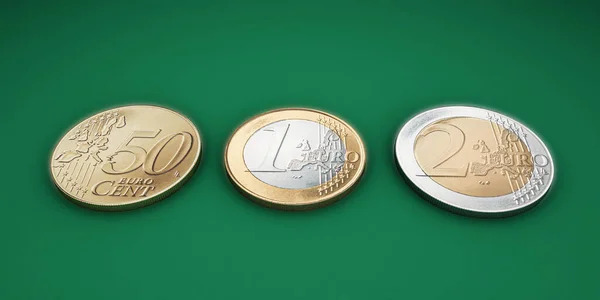 Monedas Euros Aisladas Sobre Fondo Verde Ilustración — Foto de Stock