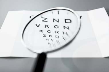 Göz testi kartı 3d illüstrasyonunda büyüteç aracı 