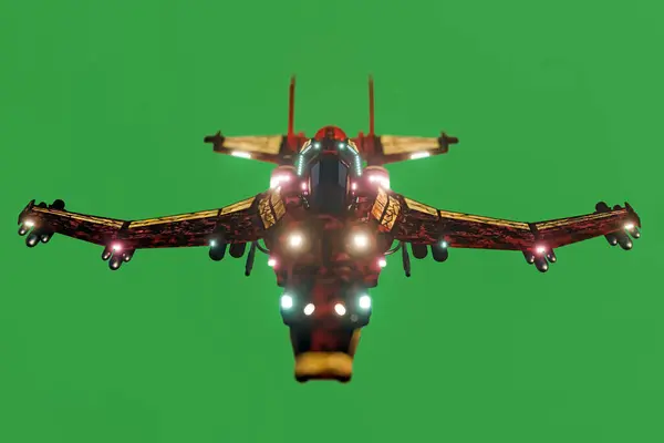 绿色背景下孤立的宇宙飞船战斗机3D插图 — 图库照片