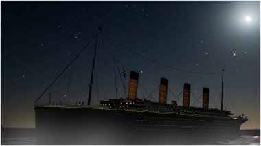 Eski büyük yolcu gemisi okyanusta yelken açıyor. 3D çizimler. 