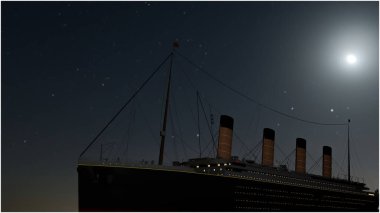 Eski büyük yolcu gemisi okyanusta yelken açıyor. 3D çizimler.