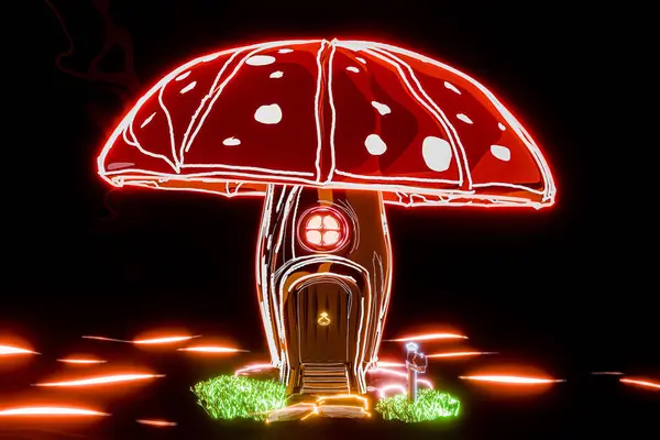 在黑色背景上隔离的蘑菇屋3D插图 图库图片