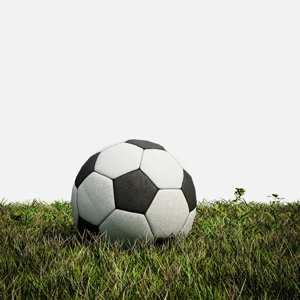 白い背景3Dイラストで隔離された草の上のサッカー ボール ストック画像