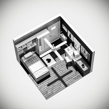 Konforlu lofi odası beyaz arkaplanda izole edilmiş 3d illüstrasyon