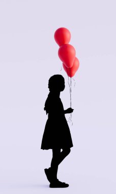 Beyaz arka planda kırmızı balonlu çocuk silueti