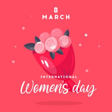 Kırmızı arka planda çiçekler olan kadınlar günü tebrik kartı. 8 Mart daveti 