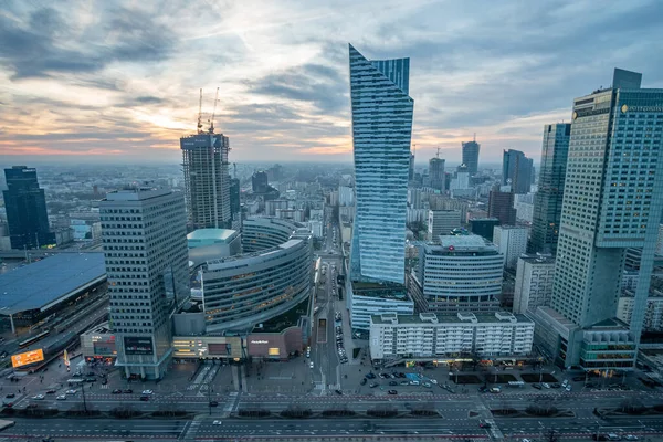 stock image The central district of Warsaw and Emilia Plater at sunset, aerial view from the Palace of Culture and Science. Warsaw, Poland - January 2020.