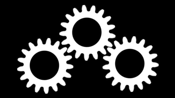 Three White Gears Starts Spinning Spins Stops Black Background — Stock Video