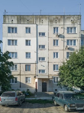 Old Soviet prefabricated five-storey panel apartment building. Pereiaslav, Kyiv Oblast, Ukraine - August 2022.