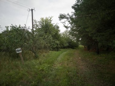 Ukrainian mine danger sign in the forest near the village road. Translation: 