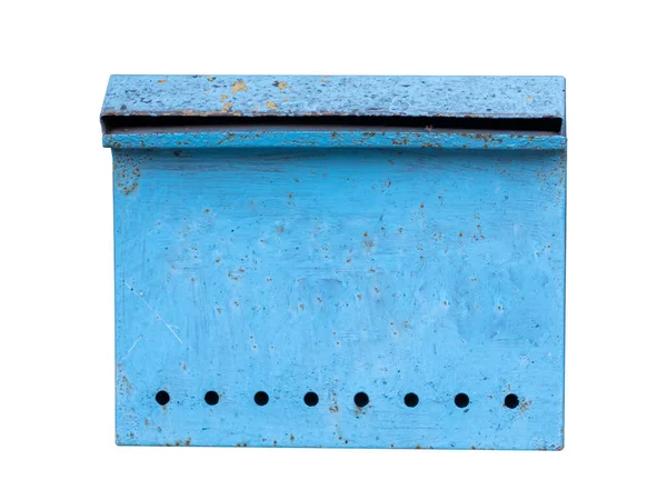 Terk Edilmiş Eski Mavi Metal Posta Kutusu Beyaz Arka Planda — Stok fotoğraf