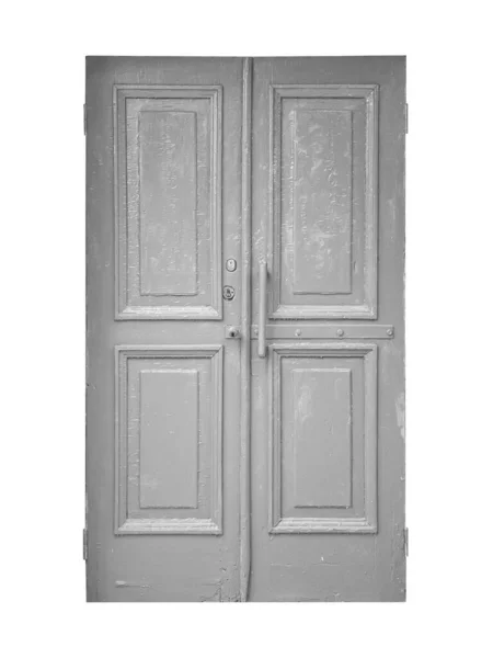 Staré Ošuntělé Šedé Texturované Dřevěné Dveře Jsou Izolovány Bílém Pozadí — Stock fotografie