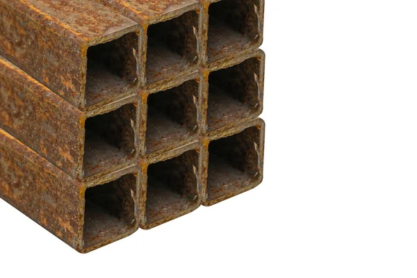 Montón Vigas Cuadradas Acero Oxidado Material Metálico Aislado Sobre Fondo —  Fotos de Stock