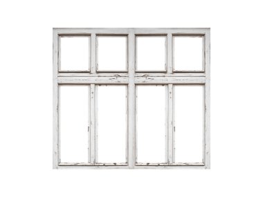 Beyaz arka planda dört kuşaklı beyaz ahşap pencere