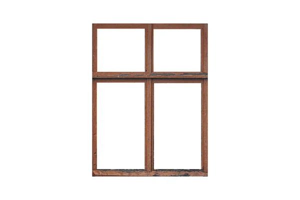 Starý Hnědý Dřevěný Rám Okna Čtyřmi Křídly Izolované Bílém Pozadí — Stock fotografie