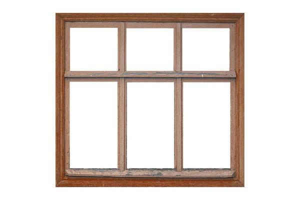 Old Big Brown Wooden Window Frame Six Sashes Isolated White — Stock Photo, Image