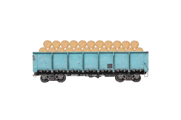 Blauer Metallischer Güterwagen Oder Güterwagen Mit Holzstämmen Isoliert Auf Weiß — Stockfoto