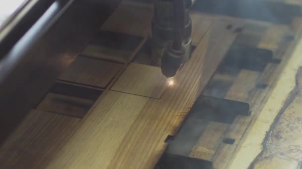 Laser Memotong Bentuk Dalam Kayu Lapis Memancarkan Asap Close — Stok Video