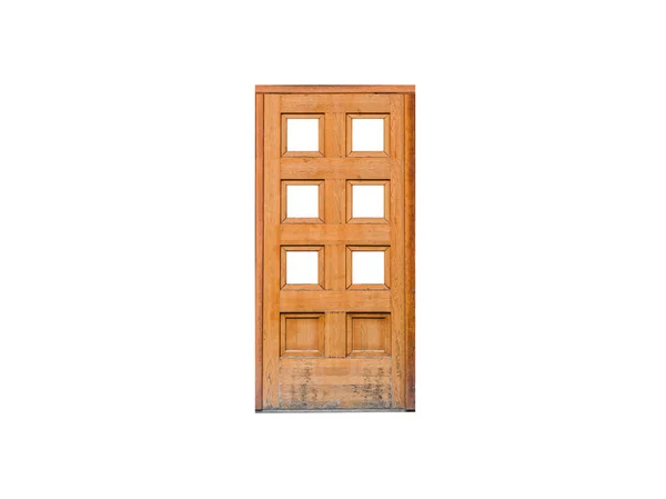 白い背景に隔離された正方形の窓のある古いライトブラウンの質感の木製のドア — ストック写真