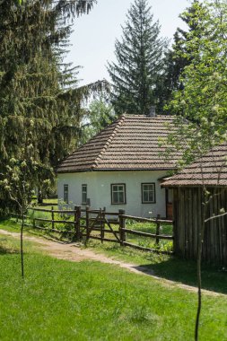 Geleneksel Halk Mimarisi ve Orta Dinyeper Bölgesi Yaşamı Müzesi 'nde kulübesi olan eski Ukrayna bahçesi. Pereyaslav, Ukrayna.