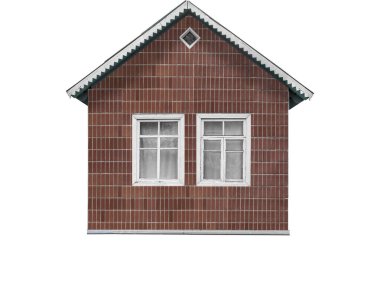 Beyaz üzerine izole edilmiş kahverengi parlak fayanslarla kaplı eski küçük köy evi..