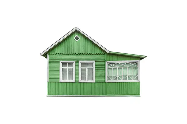 用白色隔离的木板建造的旧的绿色小木屋 — 图库照片